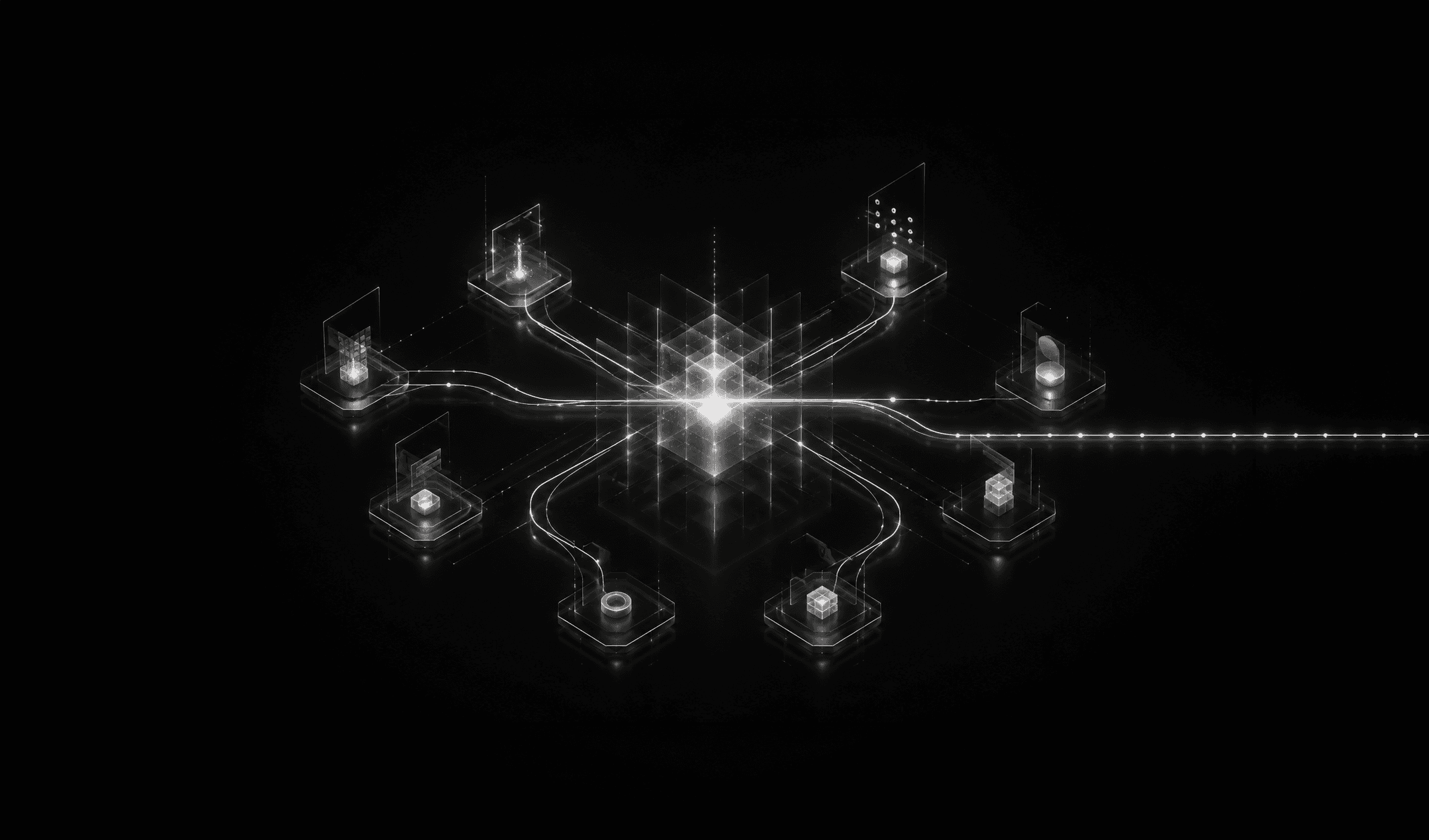 An abstract diagram of connected nodes routing into one path